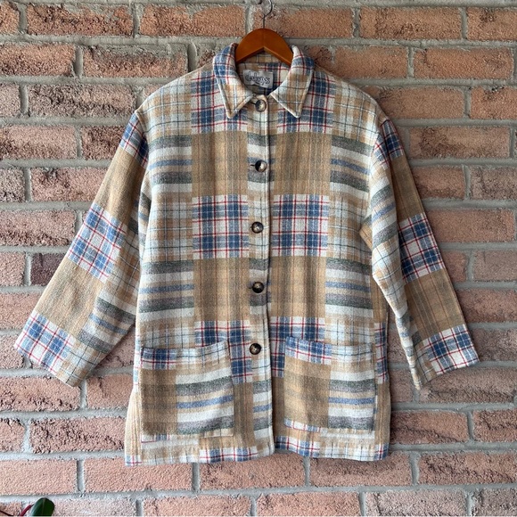 dalmys Jackets & Blazers - DALMYS | Cream, tan, & blue checked plaid rare vintage shacket jacket coat